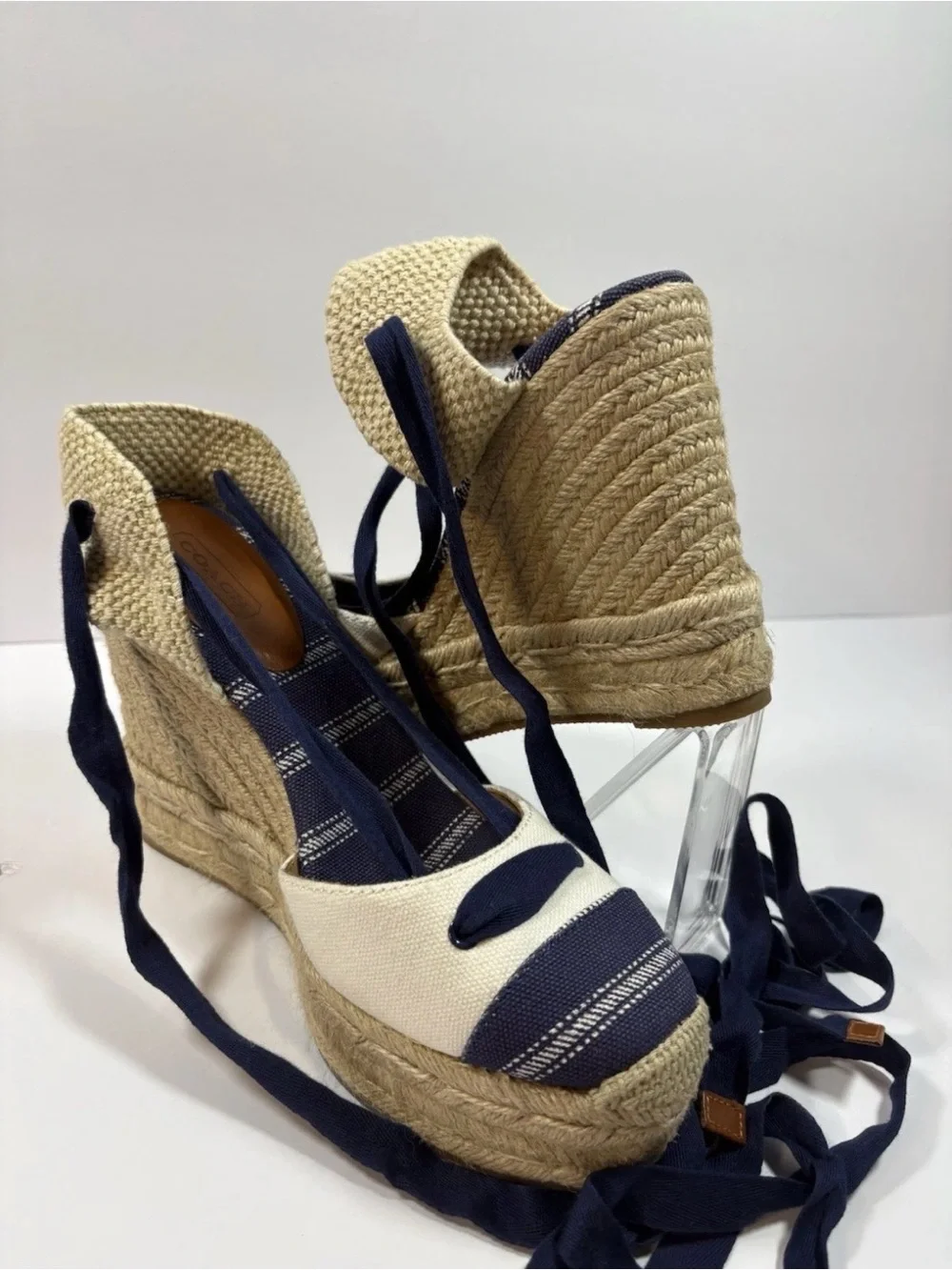 Coach Fern Ankle-tie Espadrille Wedge Sandals Blue and Beige